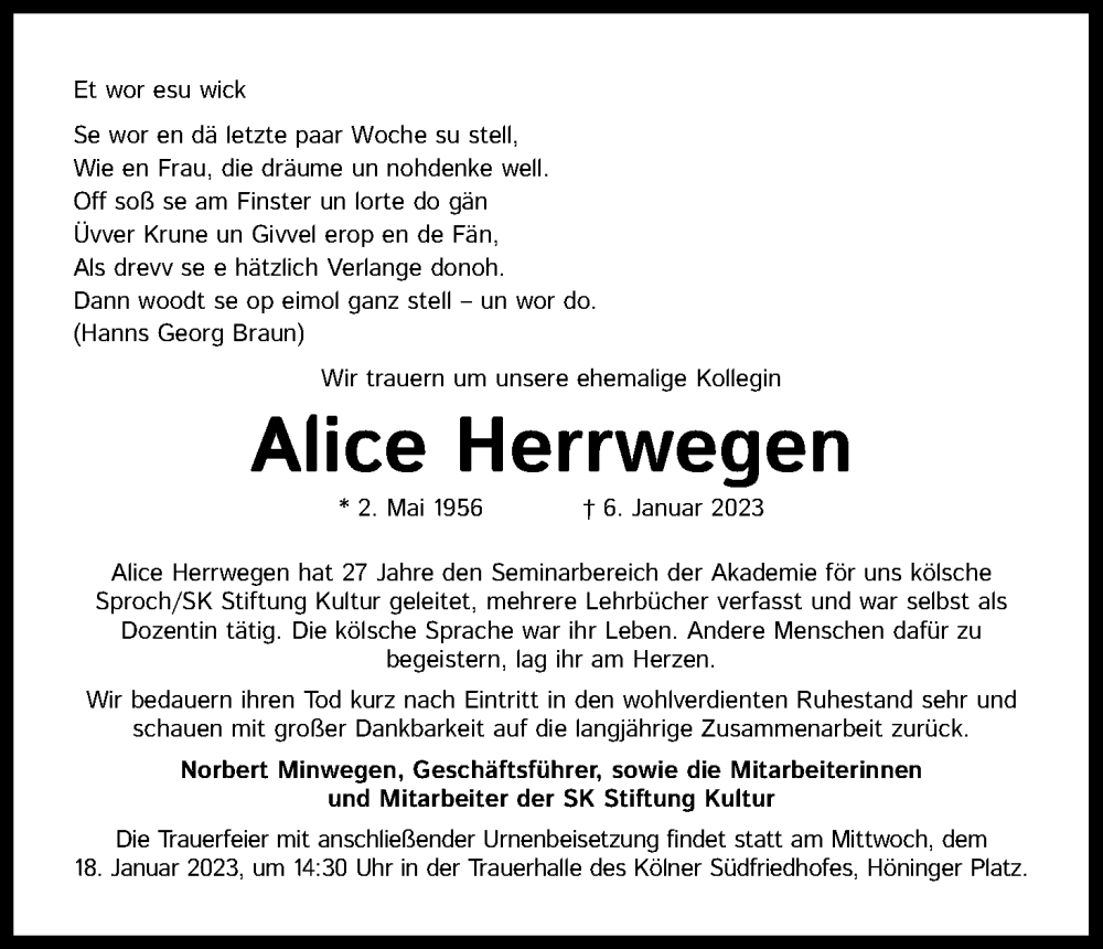  Traueranzeige für Alice Herrwegen vom 14.01.2023 aus Kölner Stadt-Anzeiger / Kölnische Rundschau / Express