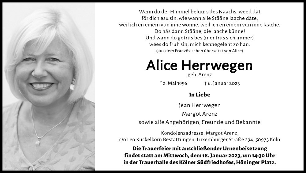  Traueranzeige für Alice Herrwegen vom 14.01.2023 aus Kölner Stadt-Anzeiger / Kölnische Rundschau / Express