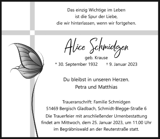 Anzeige von Alice Schmidgen von  Bergisches Handelsblatt 