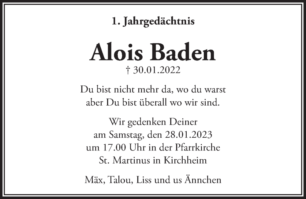  Traueranzeige für Alois Baden vom 21.01.2023 aus  Blickpunkt Euskirchen 