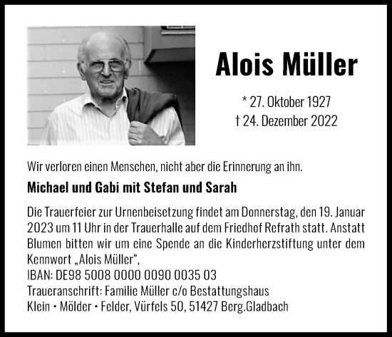 Anzeige von Alois Müller von Kölner Stadt-Anzeiger / Kölnische Rundschau / Express