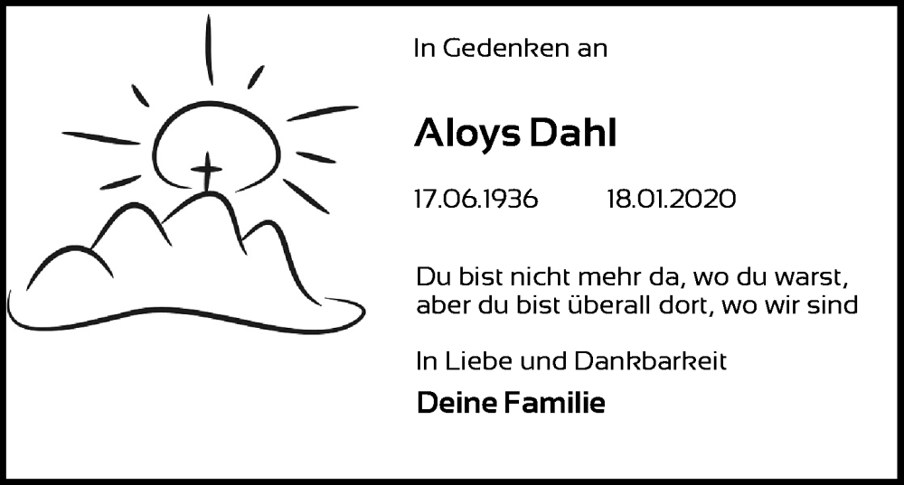  Traueranzeige für Aloys Dahl vom 14.01.2023 aus Kölner Stadt-Anzeiger / Kölnische Rundschau / Express