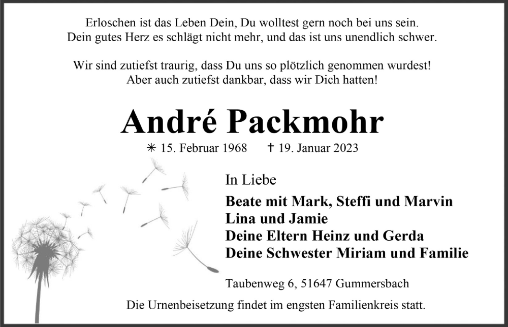  Traueranzeige für Andre Packmohr vom 27.01.2023 aus  Anzeigen Echo 