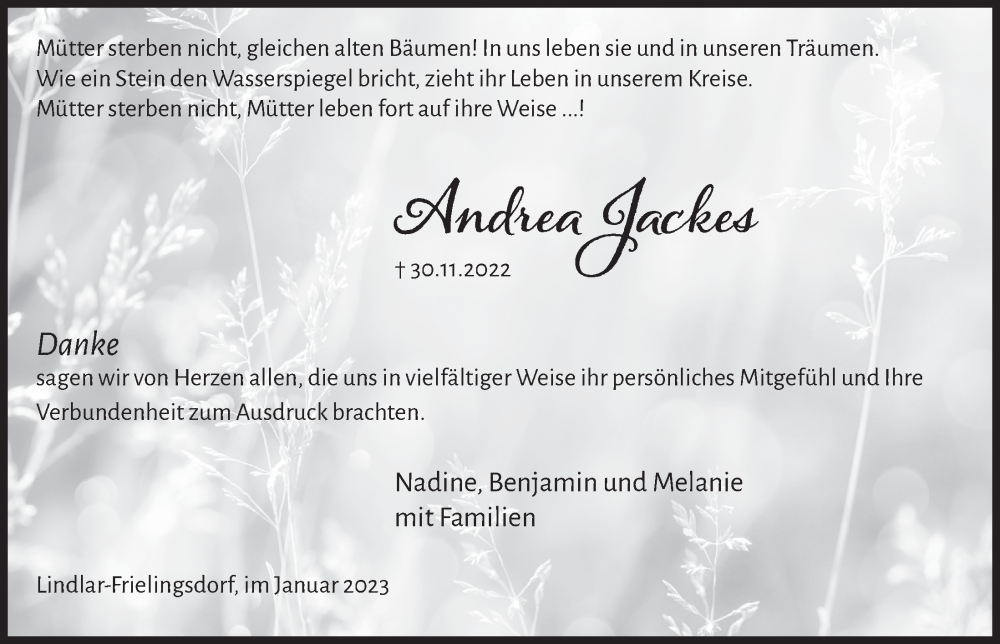  Traueranzeige für Andrea Jackes vom 20.01.2023 aus  Anzeigen Echo 