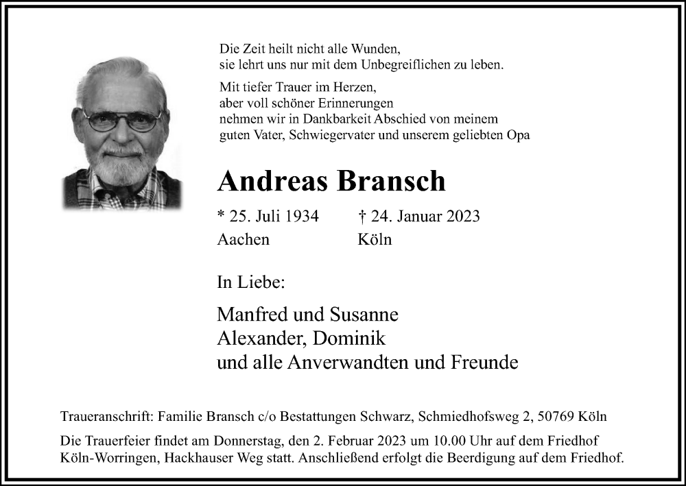  Traueranzeige für Andreas Bransch vom 28.01.2023 aus Kölner Stadt-Anzeiger / Kölnische Rundschau / Express