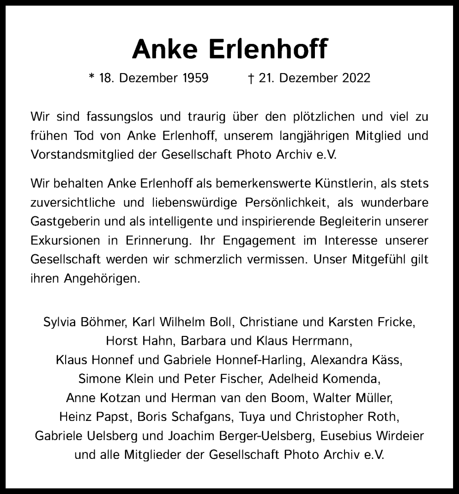  Traueranzeige für Anke Erlenhoff vom 07.01.2023 aus Kölner Stadt-Anzeiger / Kölnische Rundschau / Express