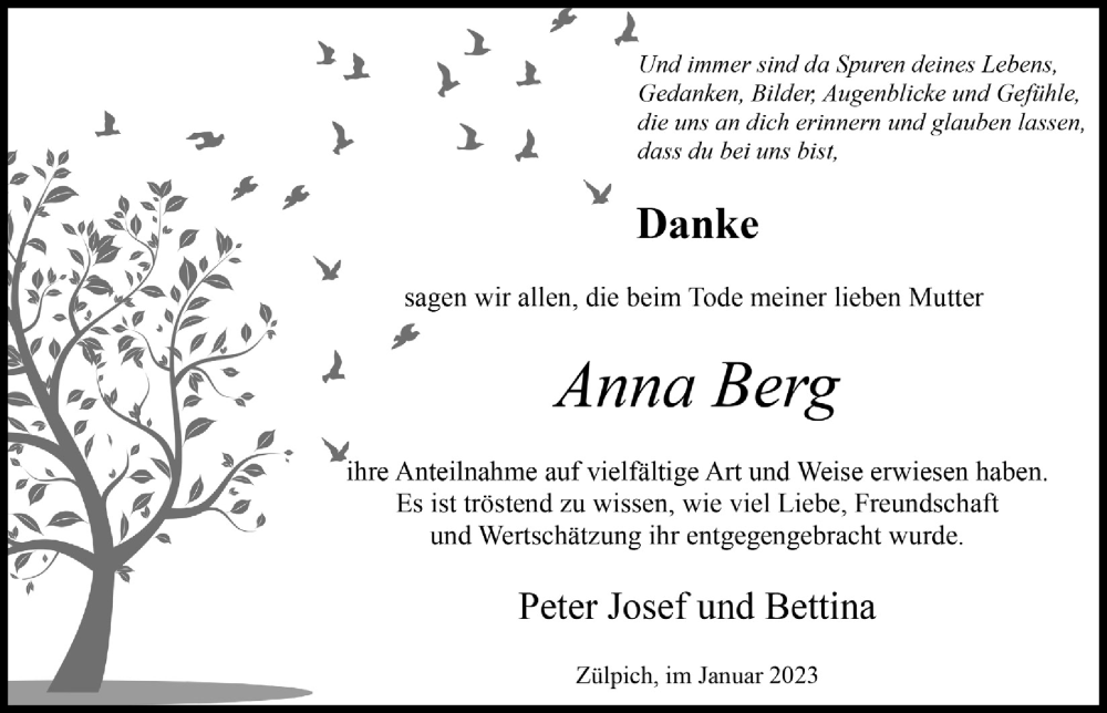  Traueranzeige für Anna Berg vom 28.01.2023 aus  Blickpunkt Euskirchen 