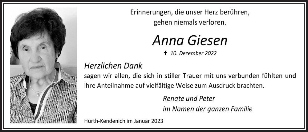  Traueranzeige für Anna Giesen vom 06.01.2023 aus  Wochenende 