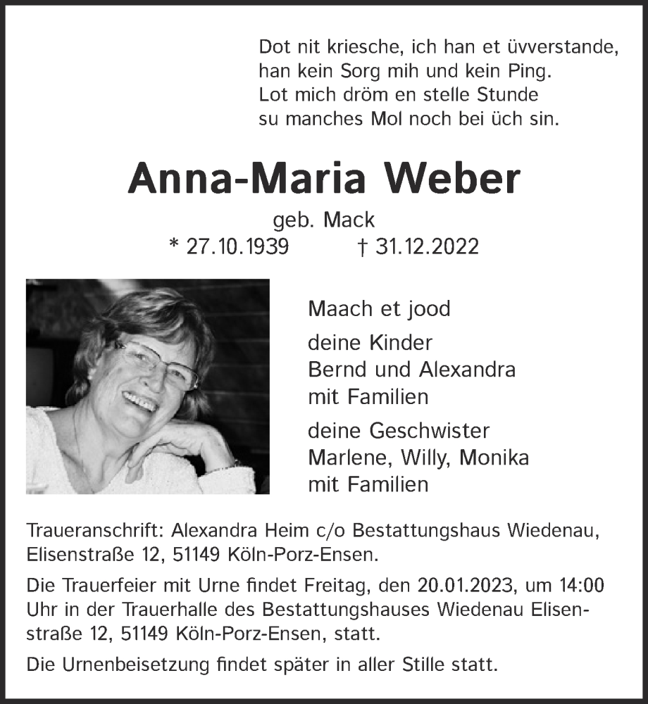  Traueranzeige für Anna-Maria Weber vom 13.01.2023 aus  EXPRESS - Die Woche 