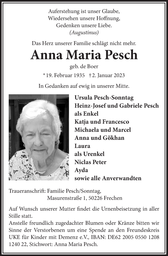  Traueranzeige für Anna Maria Pesch vom 13.01.2023 aus  Wochenende 