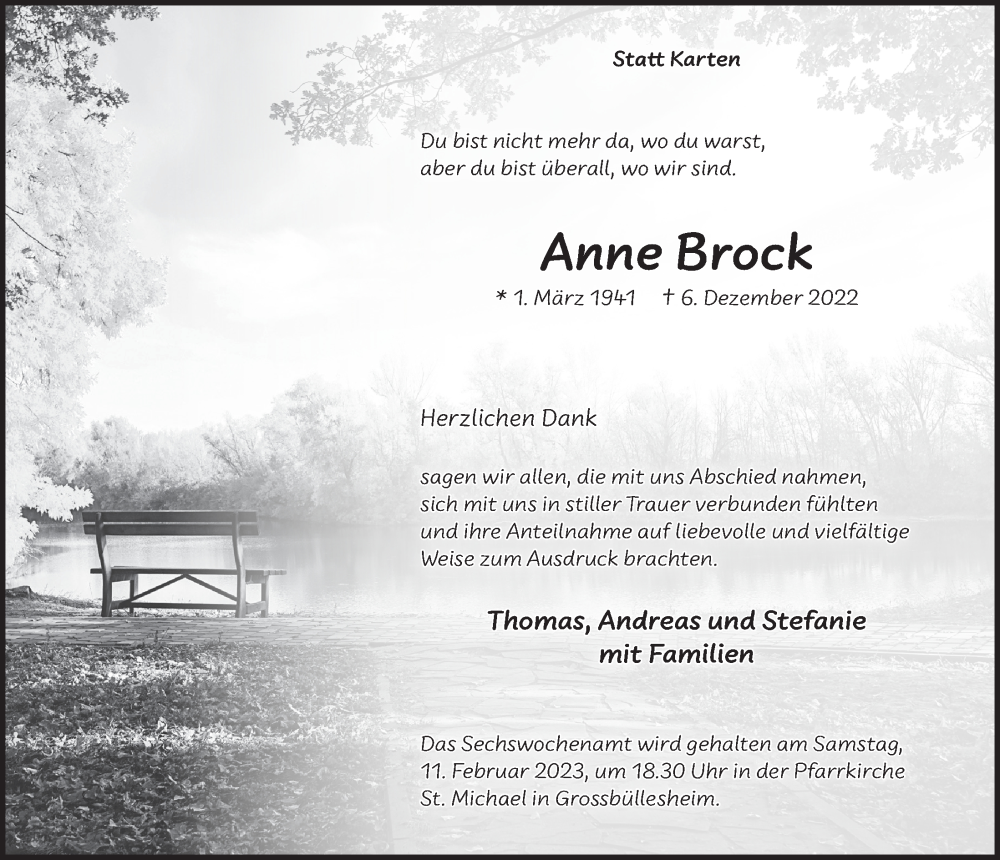  Traueranzeige für Anne Brock vom 28.01.2023 aus  Blickpunkt Euskirchen 