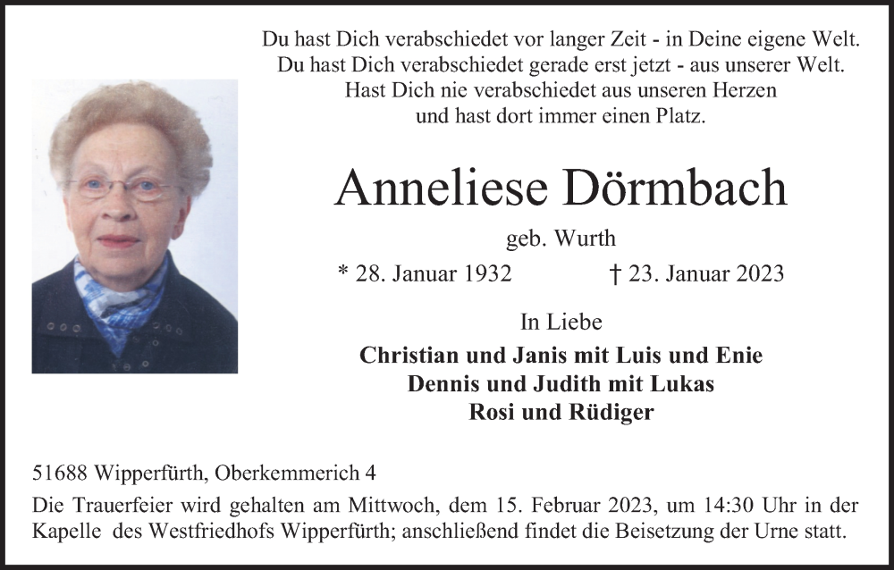  Traueranzeige für Anneliese Dörmbach vom 28.01.2023 aus Kölner Stadt-Anzeiger / Kölnische Rundschau / Express