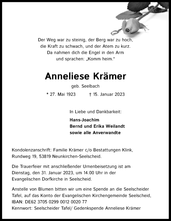 Anzeige von Anneliese Krämer von Kölner Stadt-Anzeiger / Kölnische Rundschau / Express