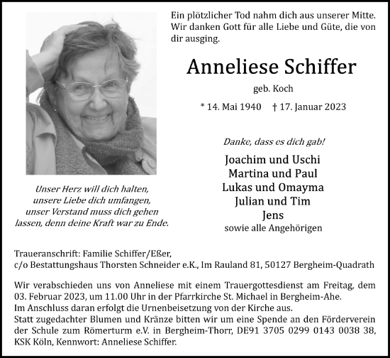 Anzeige von Anneliese Schiffer von  Werbepost 