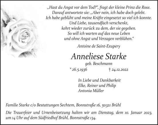 Anzeige von Anneliese Starke von  Schlossbote/Werbekurier 