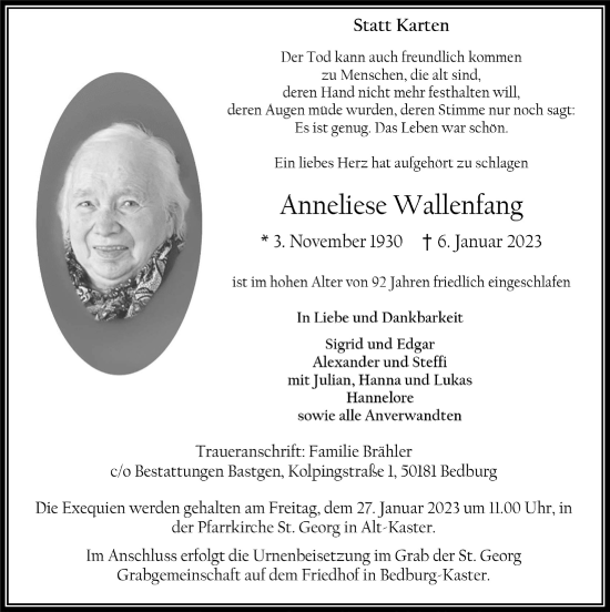 Anzeige von Anneliese Wallenfang von  Werbepost 