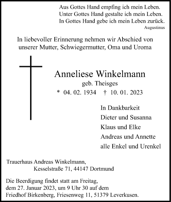 Anzeige von Anneliese Winkelmann von Kölner Stadt-Anzeiger / Kölnische Rundschau / Express
