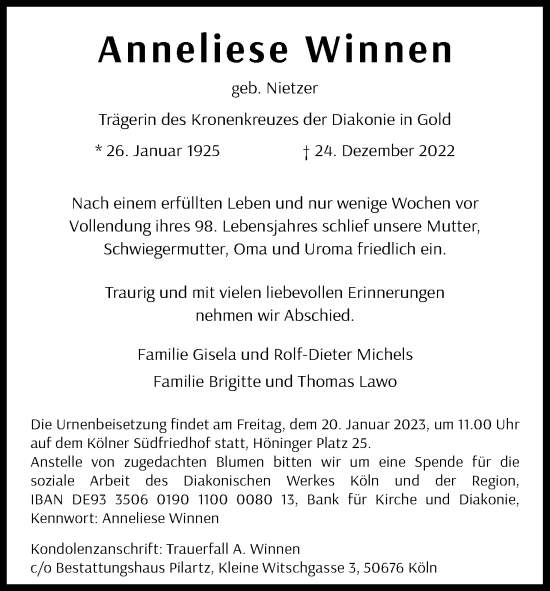 Anzeige von Anneliese Winnen von Kölner Stadt-Anzeiger / Kölnische Rundschau / Express