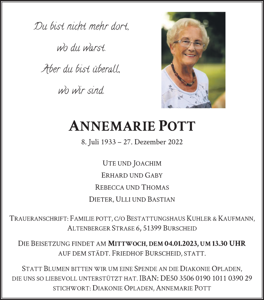  Traueranzeige für Annemarie Pott vom 02.01.2023 aus Kölner Stadt-Anzeiger / Kölnische Rundschau / Express