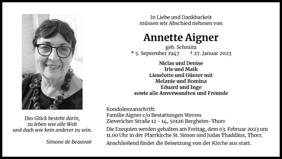 Anzeige von Annette Aigner von Kölner Stadt-Anzeiger / Kölnische Rundschau / Express