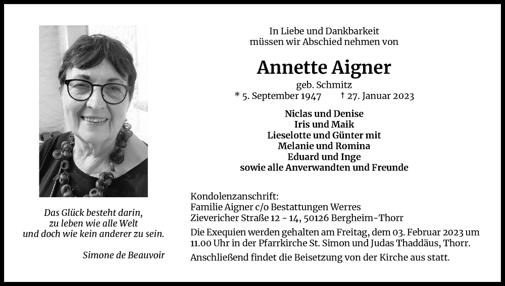  Traueranzeige für Annette Aigner vom 01.02.2023 aus Kölner Stadt-Anzeiger / Kölnische Rundschau / Express
