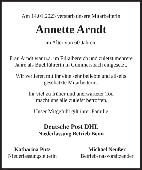 Anzeige von Annette Arndt von  Lokalanzeiger 