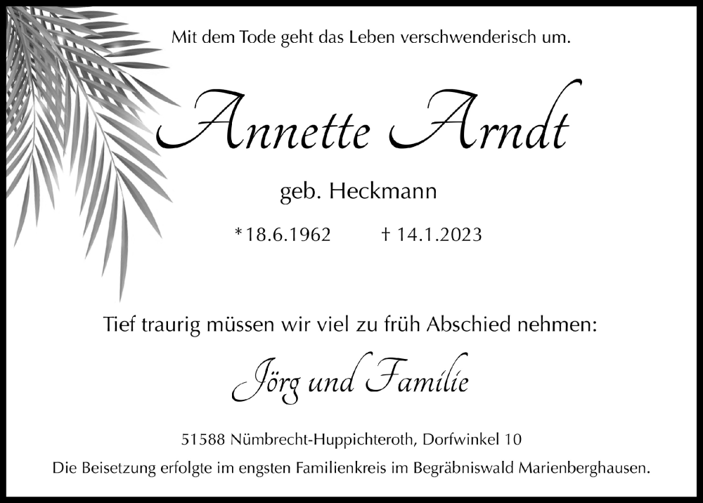  Traueranzeige für Annette Arndt vom 27.01.2023 aus  Anzeigen Echo  Lokalanzeiger 