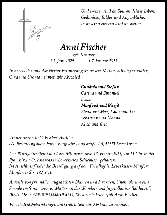 Anzeige von Anni Fischer von Kölner Stadt-Anzeiger / Kölnische Rundschau / Express