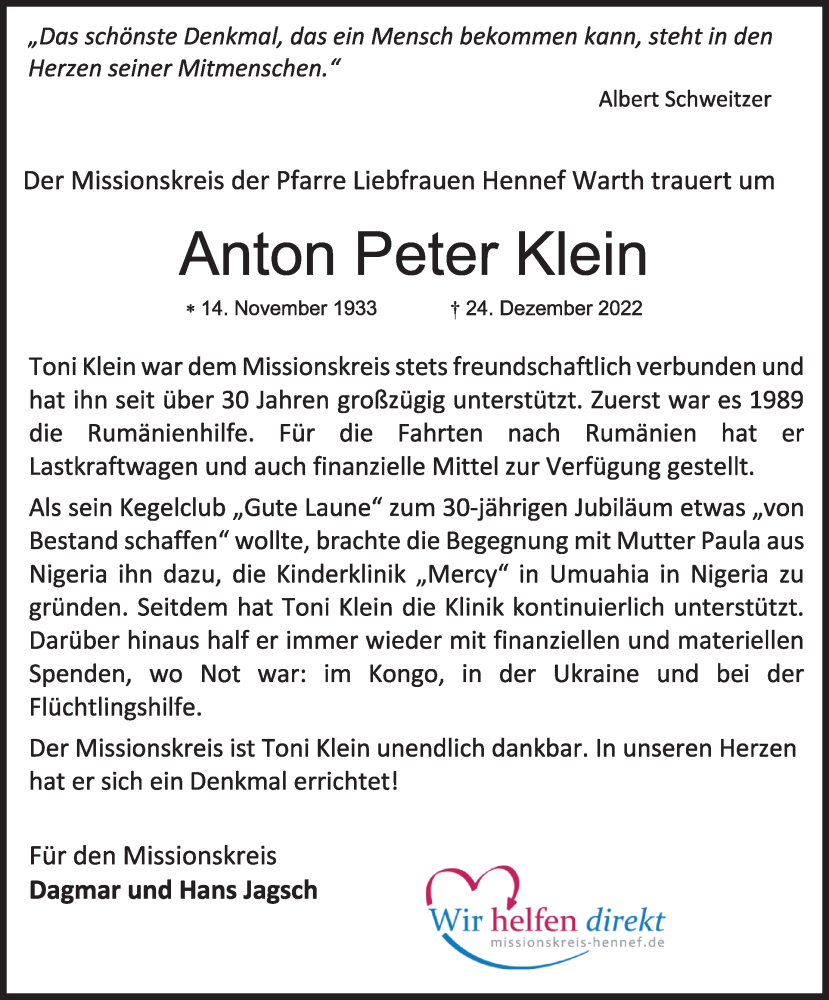  Traueranzeige für Anton Peter Klein vom 04.01.2023 aus Kölner Stadt-Anzeiger / Kölnische Rundschau / Express