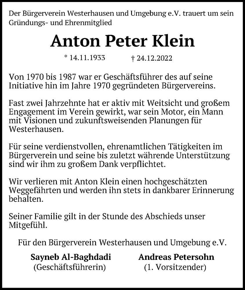  Traueranzeige für Anton Peter Klein vom 05.01.2023 aus Kölner Stadt-Anzeiger / Kölnische Rundschau / Express