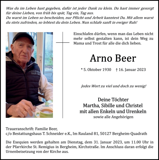 Anzeige von Arno Beer von  Werbepost 