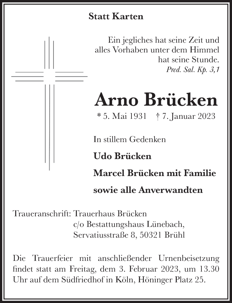  Traueranzeige für Arno Brücken vom 20.01.2023 aus  Schlossbote/Werbekurier 