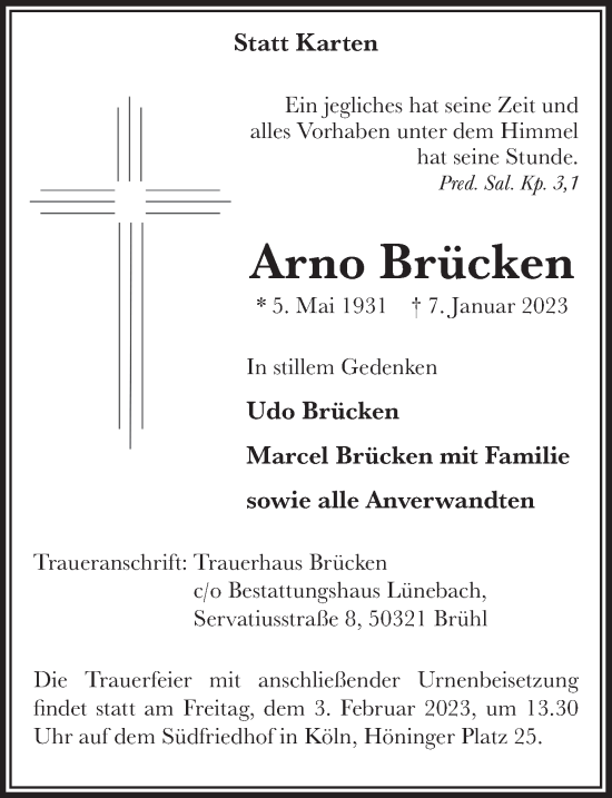 Anzeige von Arno Brücken von  Schlossbote/Werbekurier 