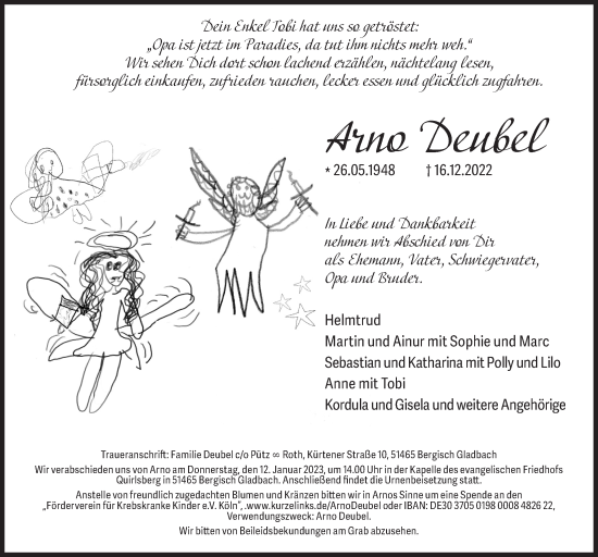 Anzeige von Arno Deubel von  Bergisches Handelsblatt 