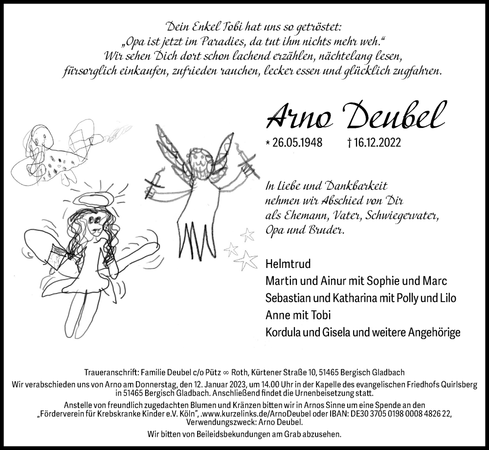  Traueranzeige für Arno Deubel vom 07.01.2023 aus Kölner Stadt-Anzeiger / Kölnische Rundschau / Express