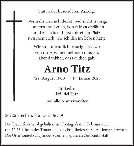Anzeige von Arno Titz von  Wochenende 