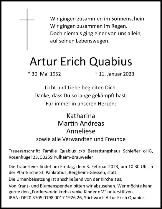 Anzeige von Artur Erich Quabius von Kölner Stadt-Anzeiger / Kölnische Rundschau / Express