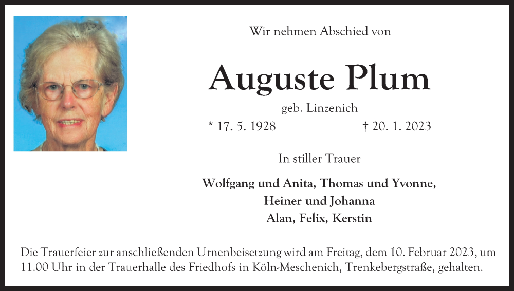  Traueranzeige für Auguste Plum vom 28.01.2023 aus Kölner Stadt-Anzeiger / Kölnische Rundschau / Express