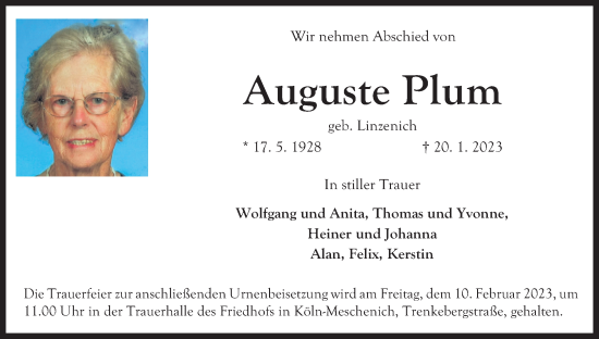 Anzeige von Auguste Plum von Kölner Stadt-Anzeiger / Kölnische Rundschau / Express