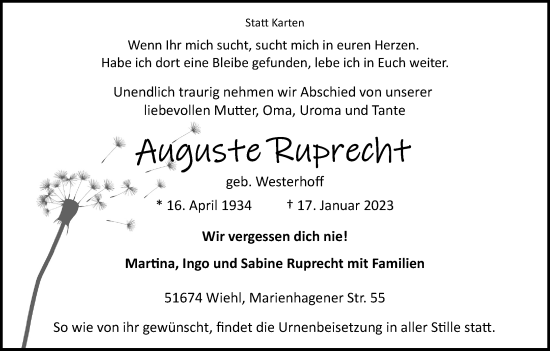 Anzeige von Auguste Ruprecht von Kölner Stadt-Anzeiger / Kölnische Rundschau / Express