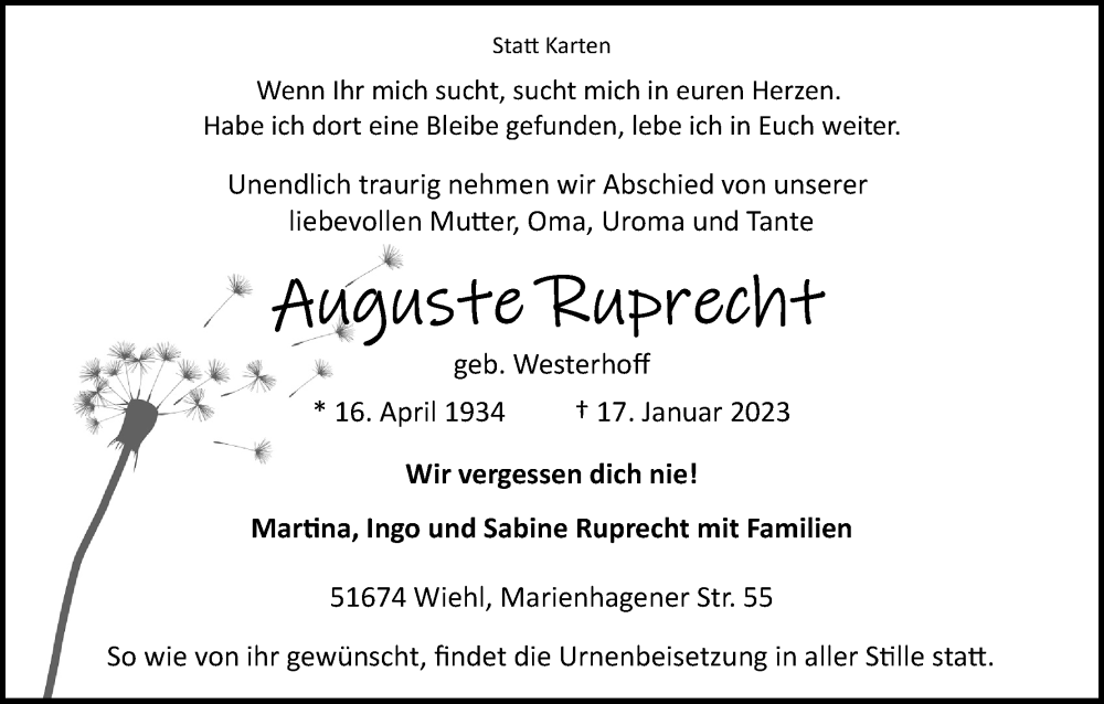  Traueranzeige für Auguste Ruprecht vom 28.01.2023 aus Kölner Stadt-Anzeiger / Kölnische Rundschau / Express