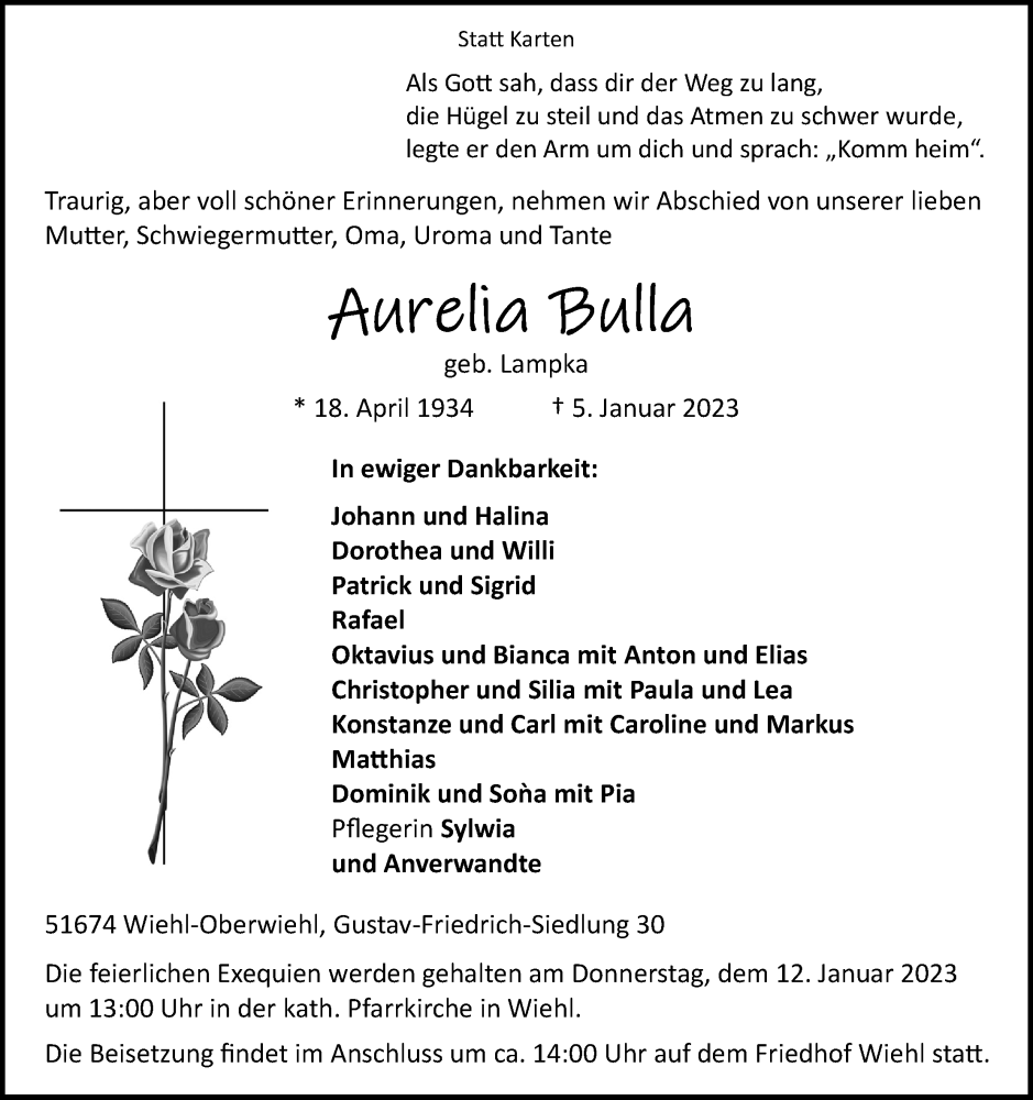  Traueranzeige für Aurelia Bulla vom 09.01.2023 aus Kölner Stadt-Anzeiger / Kölnische Rundschau / Express