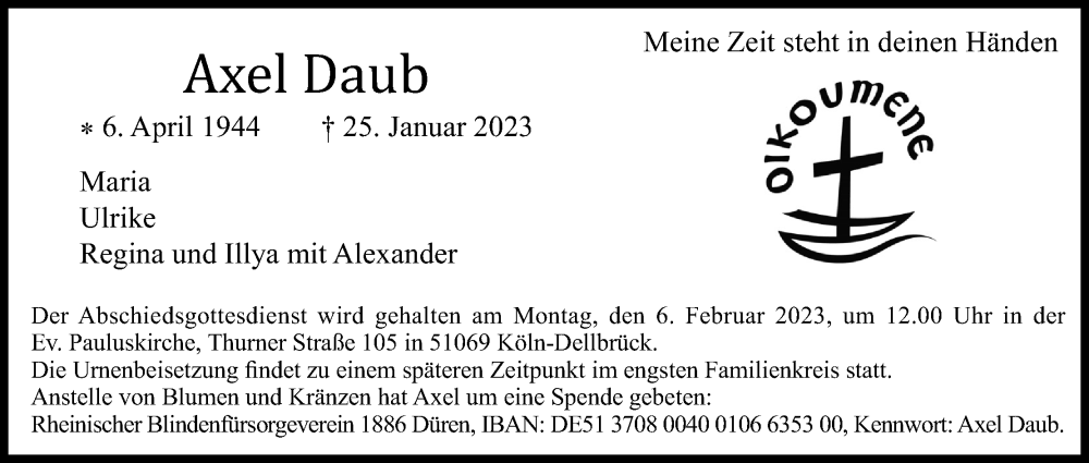 Traueranzeige für Axel Daub vom 01.02.2023 aus Kölner Stadt-Anzeiger / Kölnische Rundschau / Express