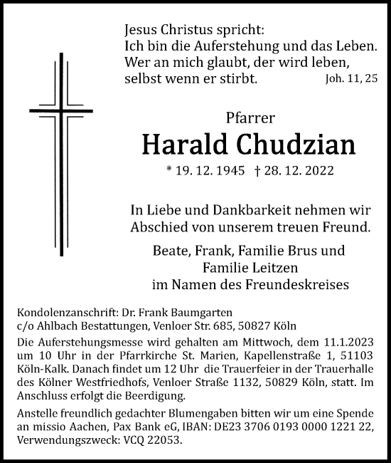 Anzeige von Harald Chudzian von Kölner Stadt-Anzeiger / Kölnische Rundschau / Express