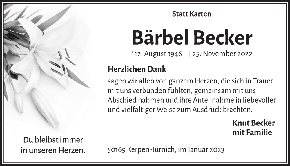  Traueranzeige für Bärbel Becker vom 06.01.2023 aus  Werbepost 