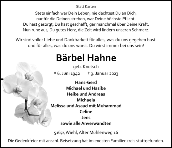Anzeige von Bärbel Hahne von  Anzeigen Echo 