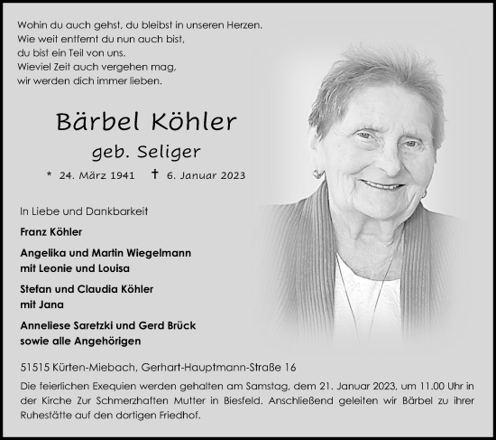 Anzeige von Bärbel Köhler von Kölner Stadt-Anzeiger / Kölnische Rundschau / Express