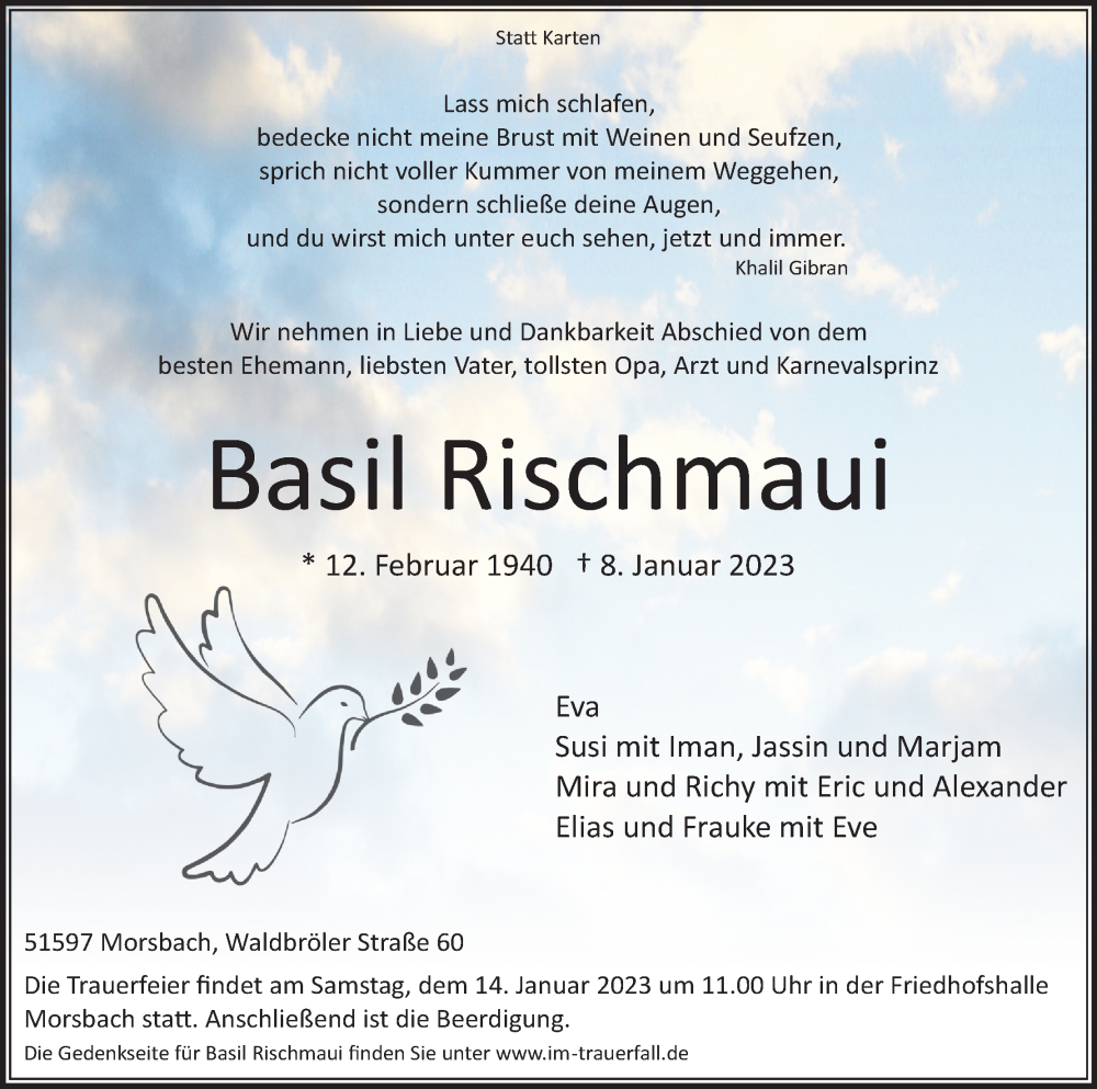  Traueranzeige für Basil Rischmaui vom 11.01.2023 aus Kölner Stadt-Anzeiger / Kölnische Rundschau / Express
