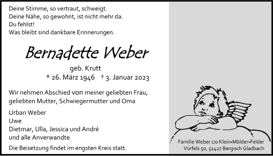 Anzeige von Bernadette Weber von  Bergisches Handelsblatt 