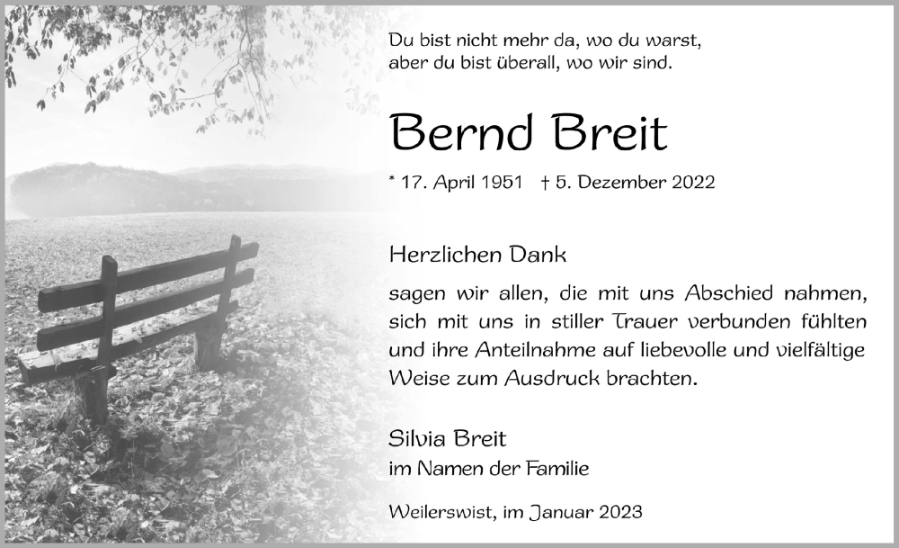  Traueranzeige für Bernd Breit vom 07.01.2023 aus  Blickpunkt Euskirchen 